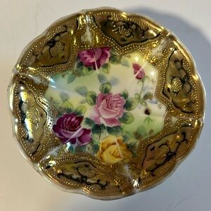 Vintage Nippon roses trinket dish with gold moriage